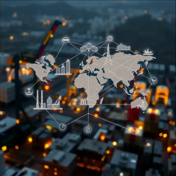 Illustration of interconnected industries representing the Adani group's influence across South Asia