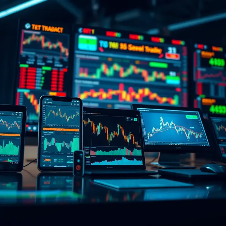 Illustration of various digital devices showing different types of trading activities and market analytics