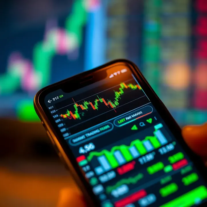 Mobile phone displaying a financial trading app interface with charts and graphs