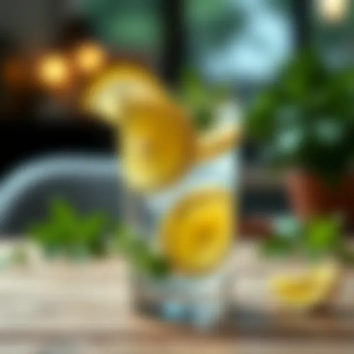 Glass of fresh lemon water with slices of lemon and mint leaves on a wooden table