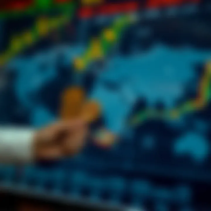 Various global currencies displayed against financial charts indicating market trends