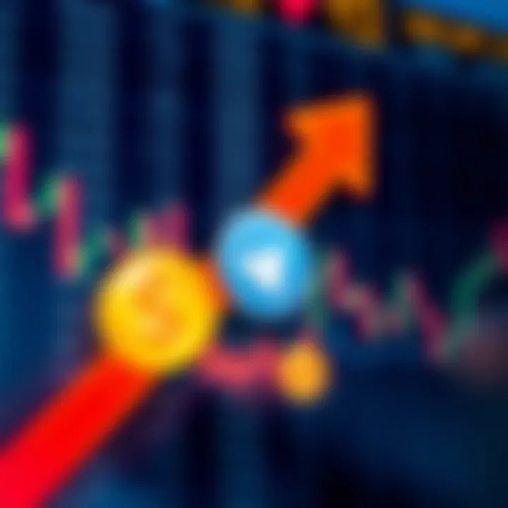 Conceptual graphic of forex trading with currency symbols and upward arrow