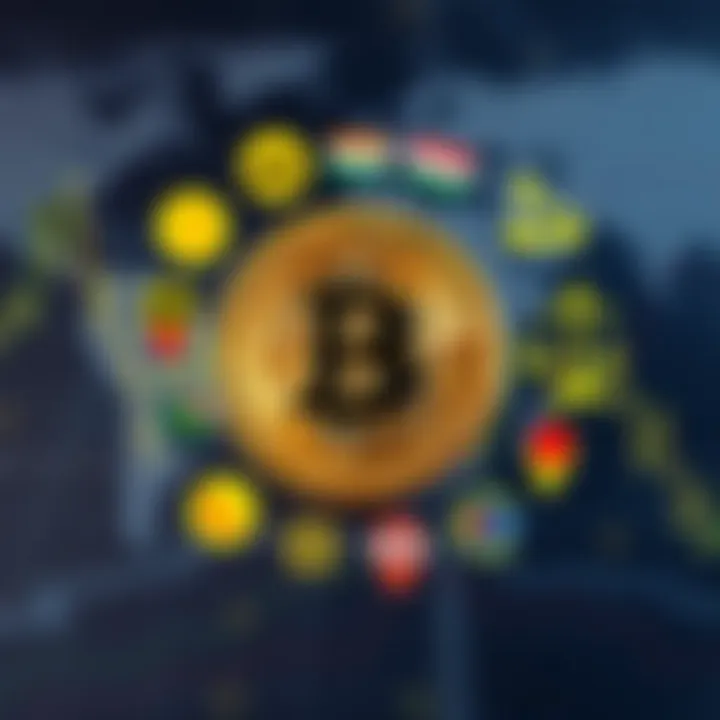 Illustration of Bitcoin surrounded by regulatory symbols representing global legal impacts