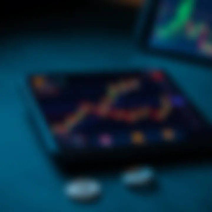 Cryptocurrency trading dashboard with graphs and digital currency icons on a mobile device