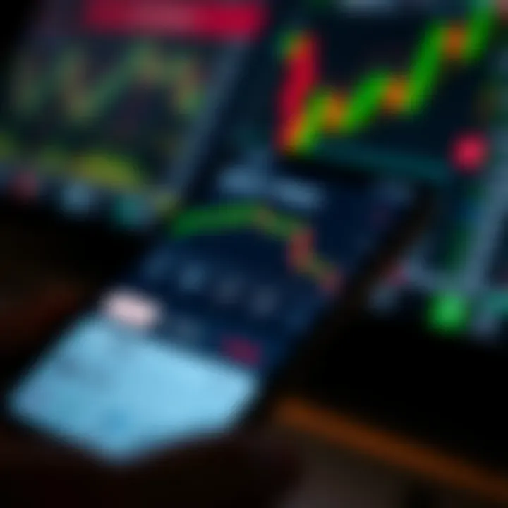 Mobile device displaying a stock trading app interface with market charts and buy sell options