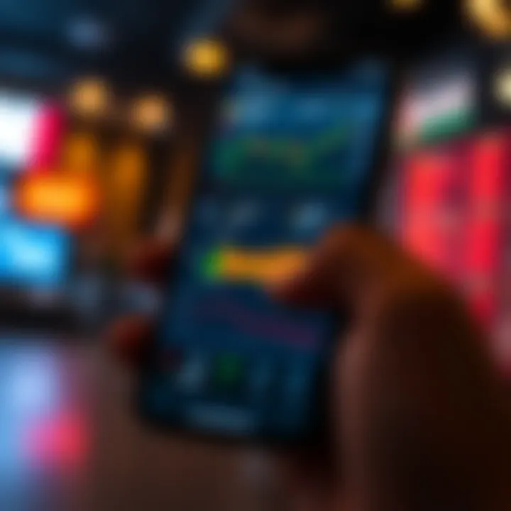 Mobile phone displaying various financial charts and trading options on a bright screen