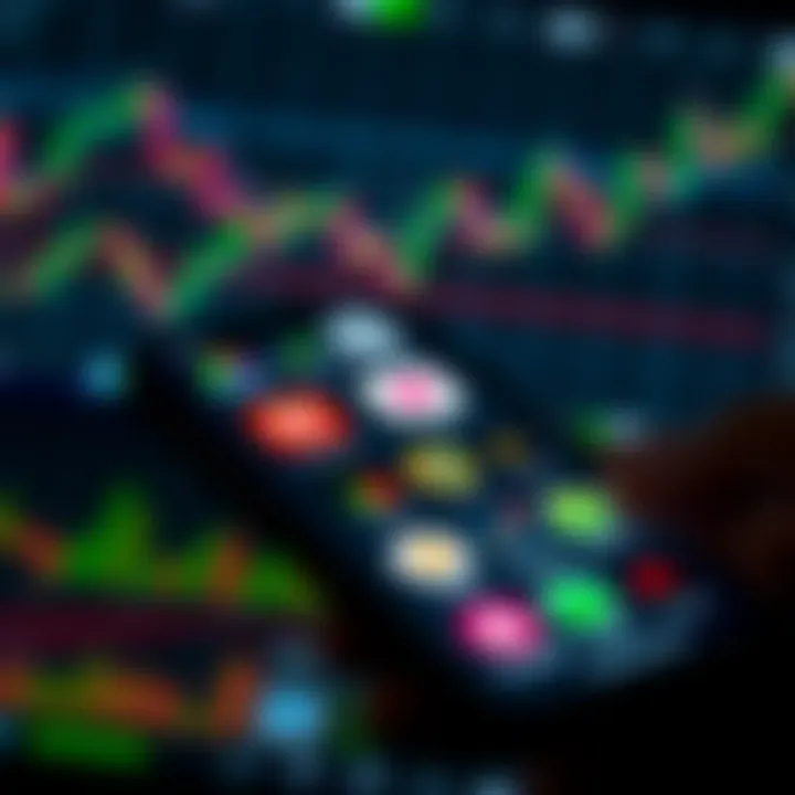 Mobile device showing a variety of trading app icons with financial charts in the background