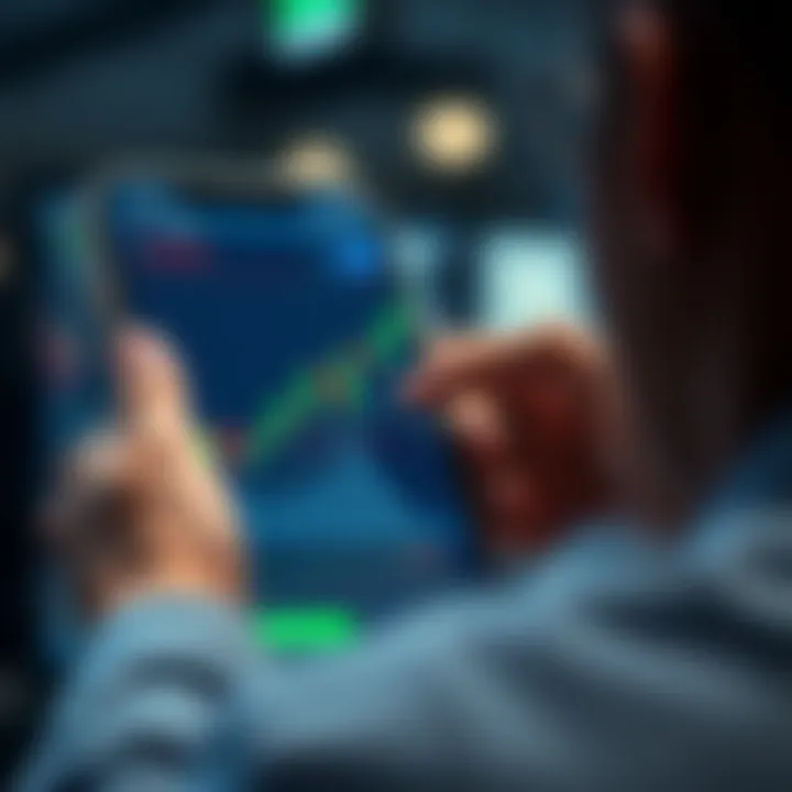 User interacting with a mobile trading platform displaying real-time stock chart and market data