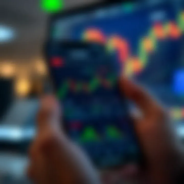 Mobile phone showing trading app interface with graphs and financial data