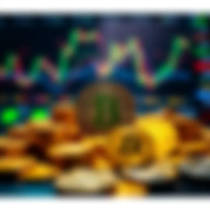 Digital Currency Symbols Representing Trading App Incentives Illustration of digital coins and currency symbols representing rewards and incentives in trading apps