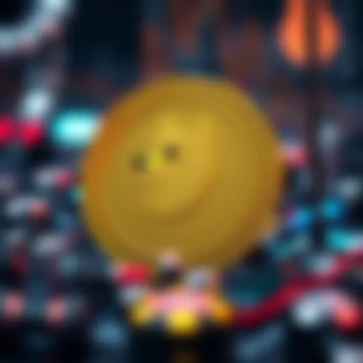 Futuristic digital coin representing Dogecoin surrounded by technological elements