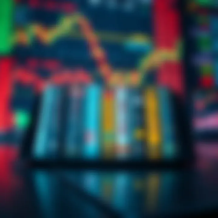 Collection of trading books displayed on a digital tablet with financial charts in the background