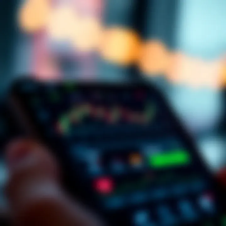 User interface of a trading app showing simulated stock market charts and virtual currency balance