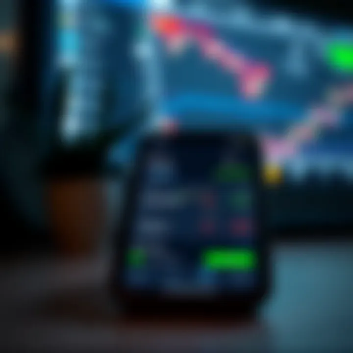 Mobile device displaying a demo account screen with virtual trading balance and simulated trades for beginners