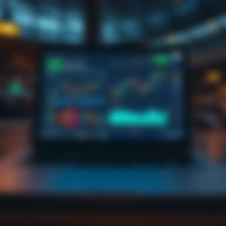 Illustration of a laptop displaying a forex trading platform with financial graphs and risk indicators