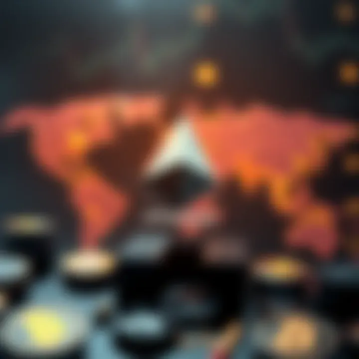 Global economic symbols and cryptocurrency icons representing market influences