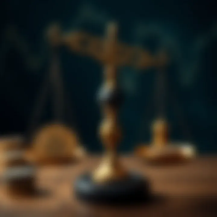 Symbolic depiction of Islamic law scales balancing cryptocurrency symbols with traditional financial icons