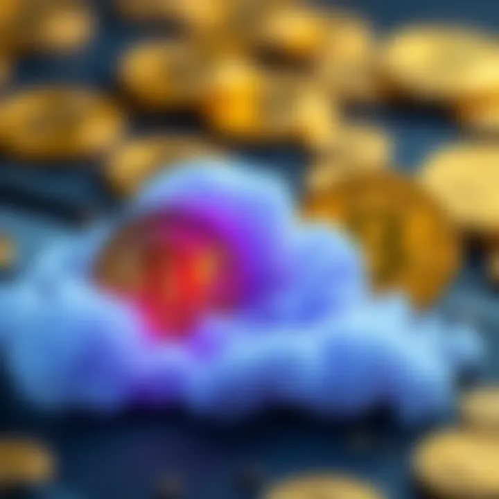 Illustration showing Bitcoin digital tokens with a cloud symbol representing online cryptocurrency earnings