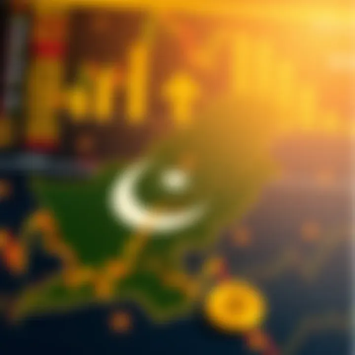 Illustration of Pakistan's map overlaid with gold price graphs and currency symbols