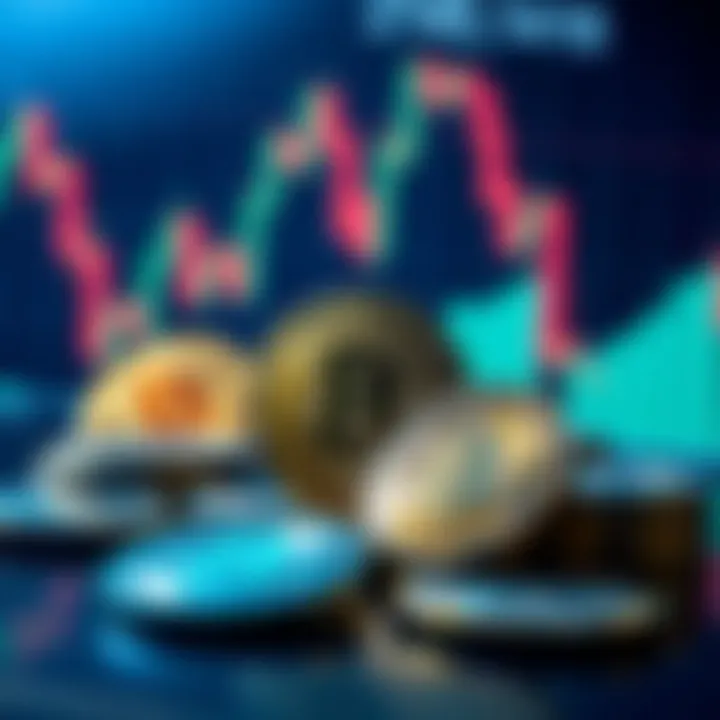 Digital coins representing various cryptocurrencies with abstract financial graph in background