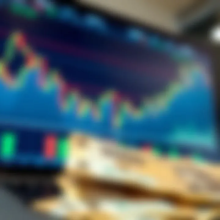 Digital interface showing financial charts and Pakistani currency notes