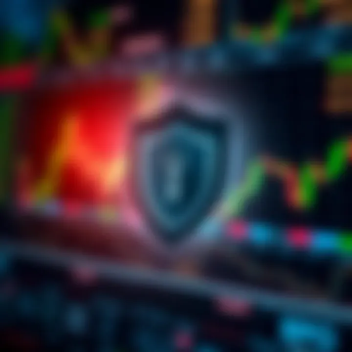 Security shield icon overlaid on digital stock market symbols signifying protection