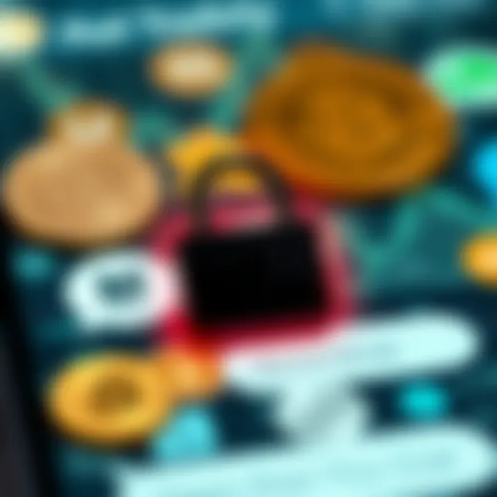Secure digital lock icon overlaid on a background of cryptocurrency symbols and messaging app interface representing safe group communication