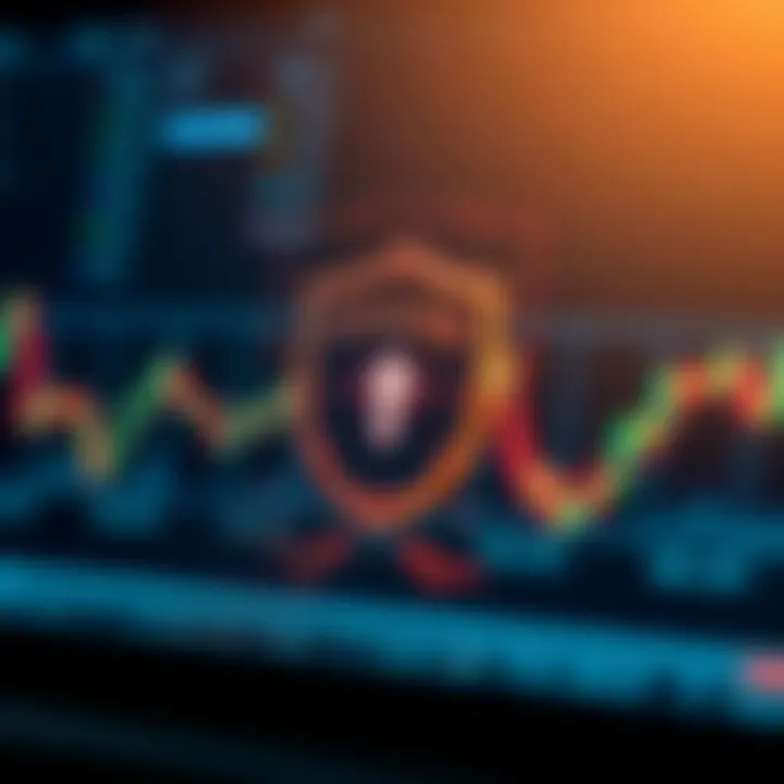 Secure online trading environment with shield icon and digital currency symbols