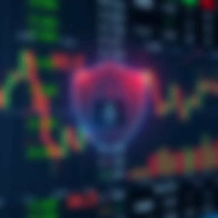 Secure Trading with Regulatory Compliance Security shield icon with a digital financial market background symbolizing secure trading under regulatory standards