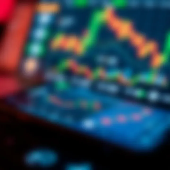 Mobile phone displaying forex and cryptocurrency trading options with colorful graphs