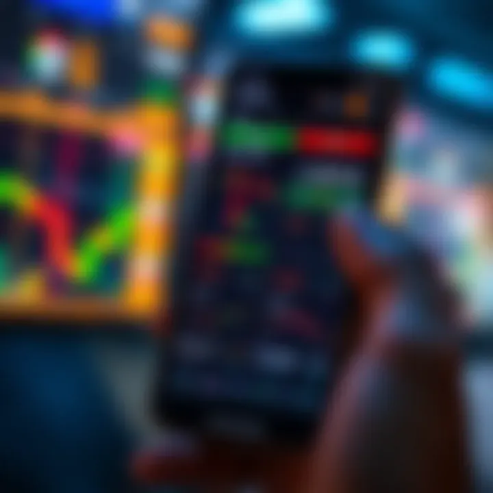 Mobile phone displaying various trading charts and stock market data