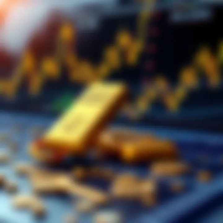 Illustration showing gold bars with symbols of demand, supply, and economic indicators