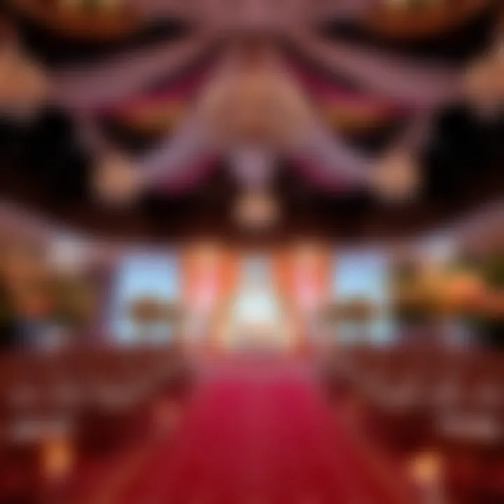 Beautifully decorated wedding venue with elegant lighting and floral arrangements