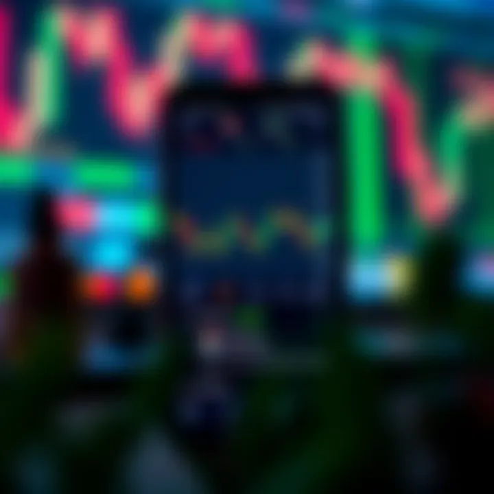 Illustration of a mobile phone screen displaying Forex trading charts and signal notifications