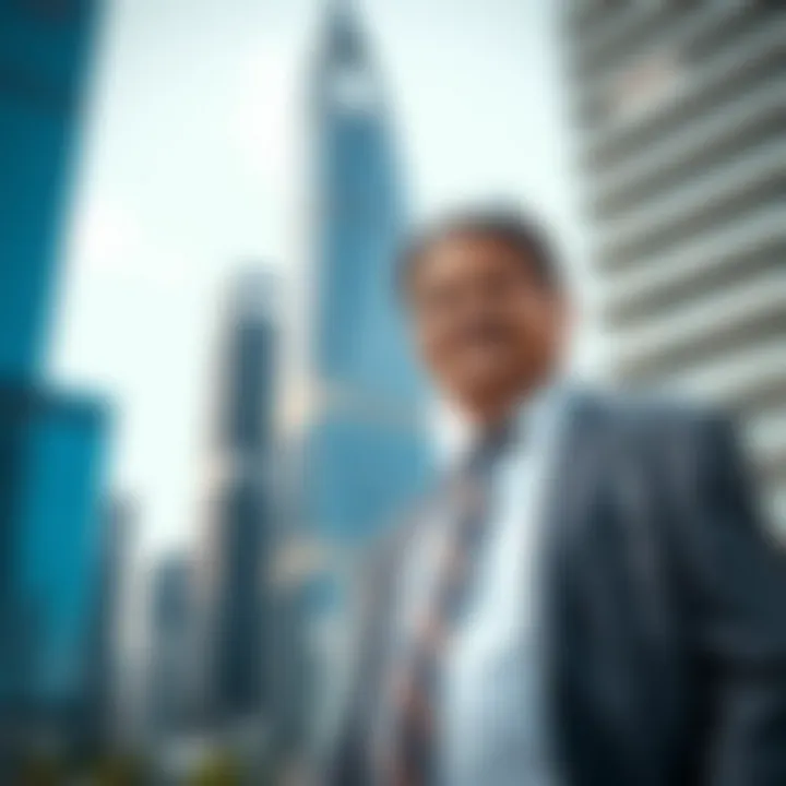 Vinod Adani standing confidently beside modern corporate skyscrapers symbolizing his business ventures