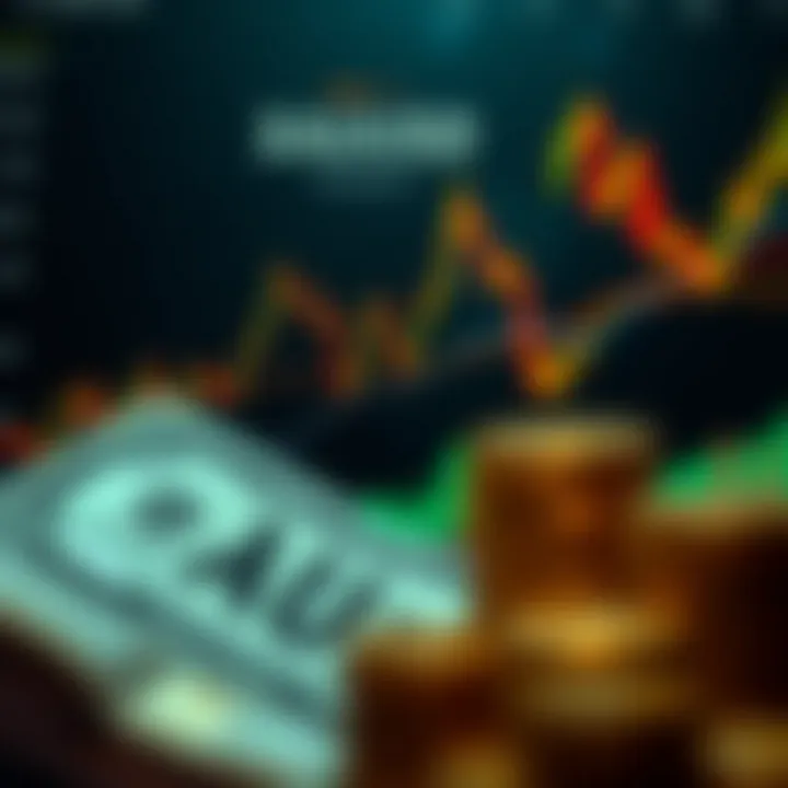 Chart showing gold price movement against US dollar with trend lines and indicators