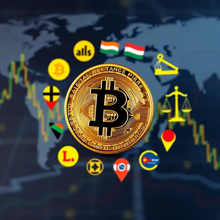 Illustration of Bitcoin surrounded by regulatory symbols representing global legal impacts