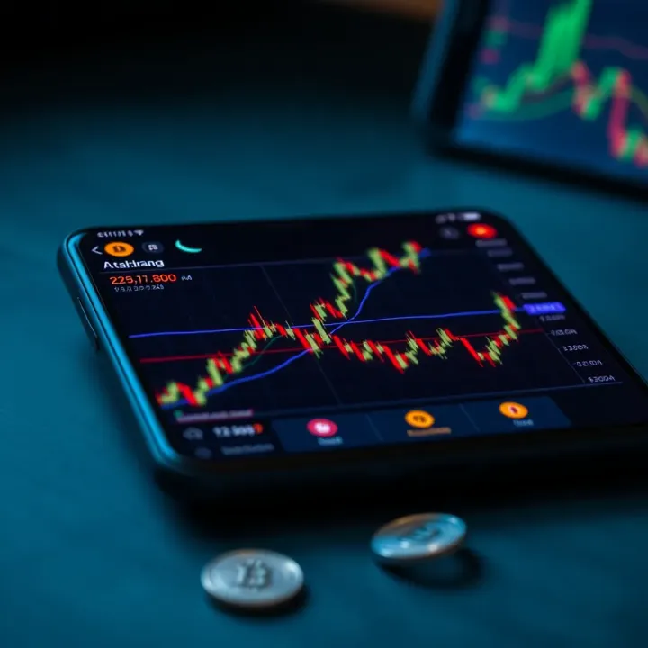 Cryptocurrency Trading Dashboard on Mobile App Cryptocurrency trading dashboard with graphs and digital currency icons on a mobile device