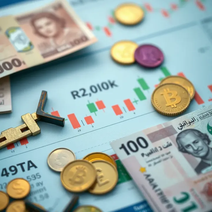 Illustration showing various global currencies including US dollar, Euro, and Pakistani Rupee arranged around a financial chart