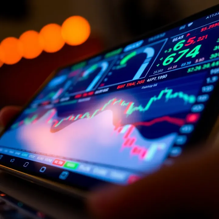 Mobile device displaying various financial charts and stock data for online trading in Pakistan