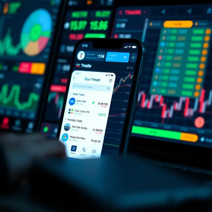 Trading App Interface with Portfolio Summary and Market Insights User interface of a trading application showing portfolio overview and market trends