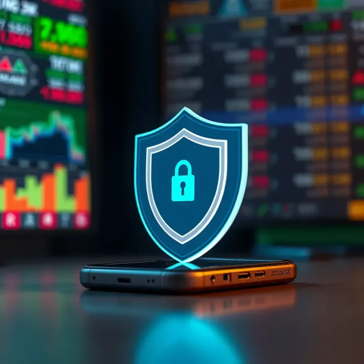 Secure Mobile Trading Emphasizing Protection of Investor Information Security shield symbol overlaying a smartphone representing secure mobile stock trading
