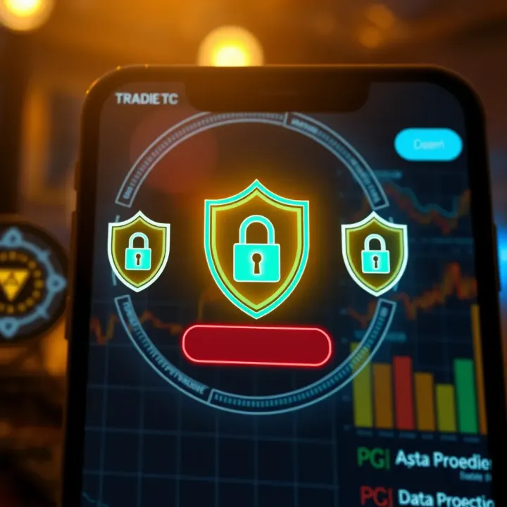 Secure Login and Data Protection in Trading Apps Illustration of secure login features with shield icons representing data protection in a trading application