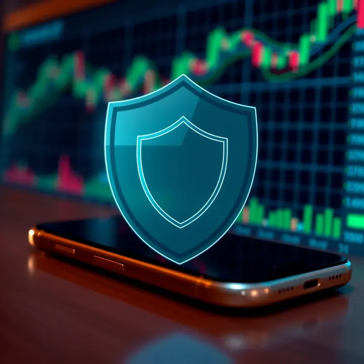 Security shield icon overlaying a mobile phone depicting secure trading environment