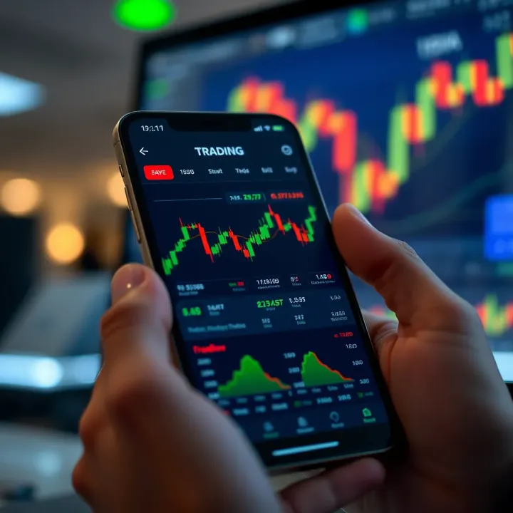 Mobile phone showing trading app interface with graphs and financial data