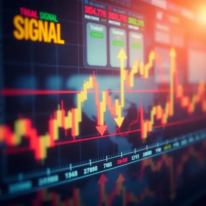 Graph displaying various trading signals with upward and downward arrows indicating market trends
