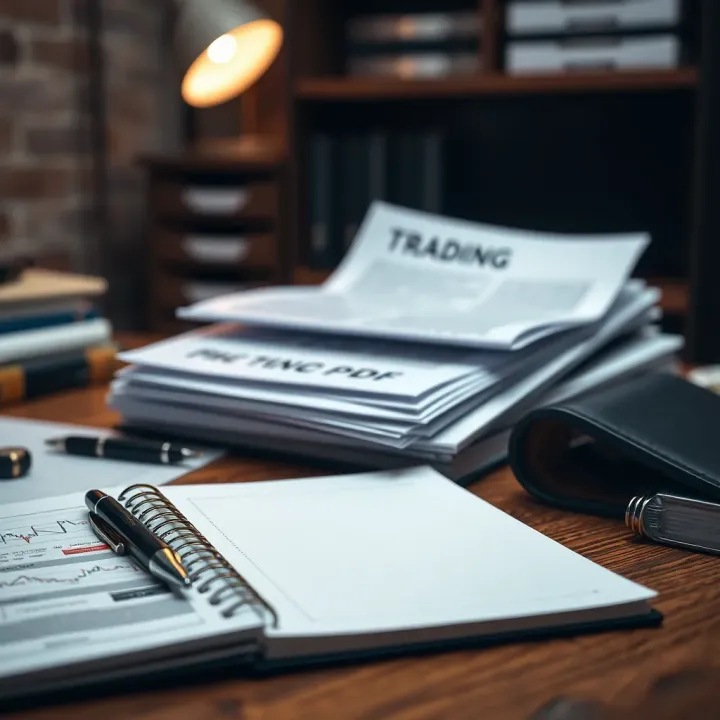 Organized Trading Materials for Effective Strategy Development Organized workspace with printed trading PDFs, notebooks, and a pen ready for strategy development