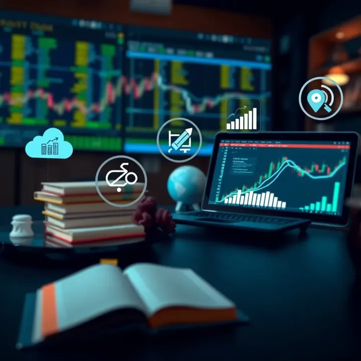 Visual representation of a beginner's roadmap to learning trading concepts with icons of books, computer, and market trends