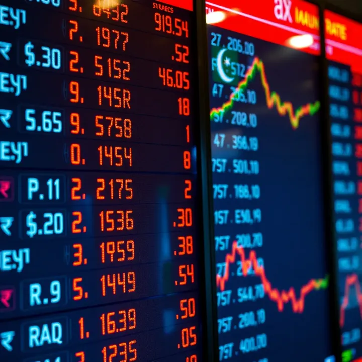 Dynamic Exchange Rates Between US Dollars and Pakistani Rupees Currency exchange rates displayed on a digital board showing fluctuations between US dollars and Pakistani rupees