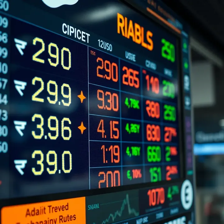 Dynamic Currency Exchange Rates Display Currency exchange rates displayed on an electronic board showing dynamic conversion values